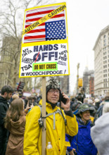 Demonstrators participating in "Hands Off" National Day of Action Protest, New York City, New York,