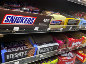 Selection of candy bars in grocery store