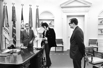 U.S. President Richard Nixon meeting with Elvis Presley during open hour in the Oval Office with