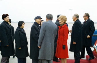 U.S. President Richard M. Nixon and U.S. First Lady Pat Nixon and accompanying party are greeted by