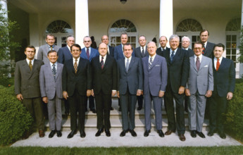 U.S. President Richard M. Nixon and his 1972 cabinet members Donald Rumsfeld, John A. Volpe, Peter