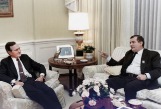 U.S. President George H.W. Bush meeting privately with Polish Solidarity Leader Lech Walesa of