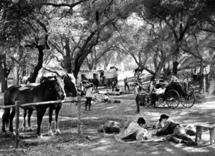 Campsite scene, on-set of the film, "The Corsican Brothers", United Artists, 1941