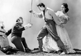 Akim Tamiroff, Douglas Fairbanks Jr., Ruth Warrick, on-set of the film, "The Corsican Brothers",