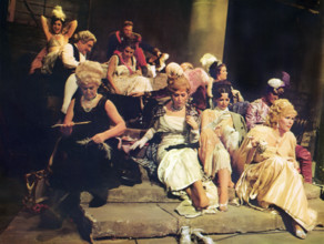 Movie extras waiting to appear on movie set, on-set of the film, "The Day Of The Locust", Paramount