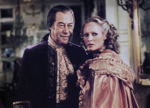 Rex Harrison, Ursula Andress, on-set of the film, "The Fifth Musketeer", Columbia Pictures, 1979