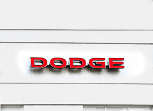 Dodge logo on car showroom building exterior, Manhattan, New York City