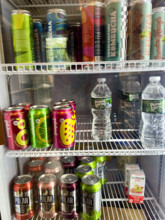 Assortment of refrigerated beverages in coffee shop