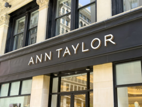 Ann Taylor retail store, building exterior detail, Manhattan, New York City