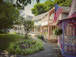 Colorful neighborhood houses in a row, Martha's Vineyard, Massachusetts, USA