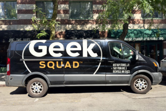 Geek Squad by Best Buy truck with large logo, New York City