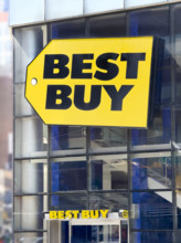 Best Buy retail store, company logo on building exterior, Manhattan, New York City