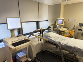 Stress test computer and treadmill, ultrasound machine in background