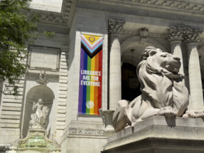 Lion statue Patience sitting atop pedestal, New York Public Library, Fifth Avenue, New York City