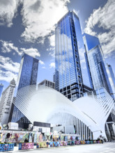 Oculus Transportation hub, foreground, 3 World Trade Center, background, New York City