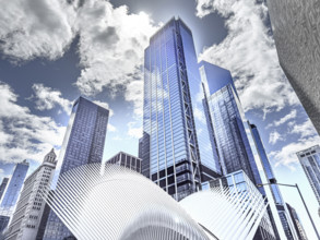 Oculus Transportation hub, foreground, 3 World Trade Center, background, New York City