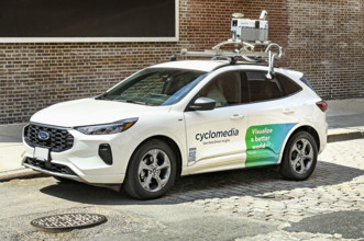Cyclomedia car with camera equipment on roof used for capturing visual data from public spaces, New York City