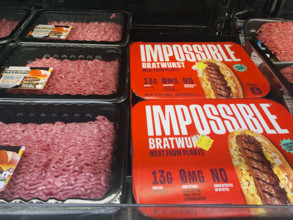 Ground Beef and Plant Based Meat Display at Grocery Store