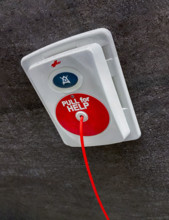 Pull for Help' medical emergency device on bathroom wall in hospital