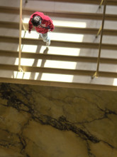 High angle view of one person walking down staircase, Boston Public Library, Boston