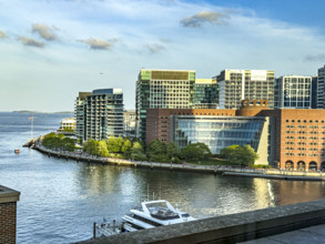Cityscape with John Joseph Moakley U.S. Courthouse (foreground, right) on Boston Harbor, Boston