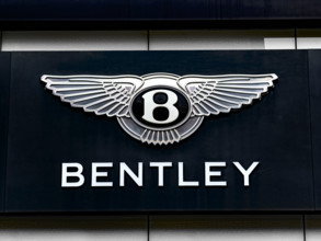 Bentley logo on car showroom building exterior, Manhattan, New York City