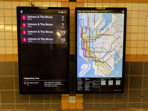 New York City subway map and information board announcing train arrivals, Franklin Street subway station, Tribeca, Manhattan, New York City
