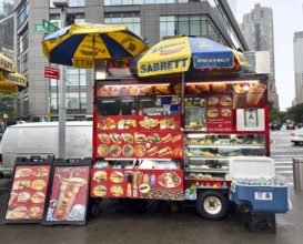Food and drink cart on city street, New York City