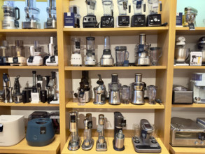 Assortment of blenders and mixers on display shelves, New York City