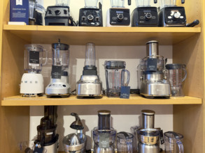 Assortment of blenders and mixers on display shelves, New York City