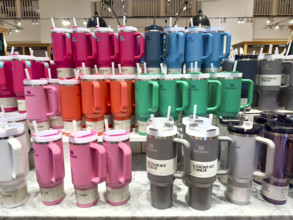 Assortment of insulated mugs and tumbers on display, New York City