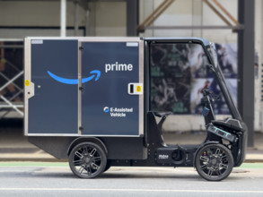 Amazon electric-assisted cargo bike parked on street, Manhattan, New York City