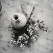 Empty vase with pile of dried flowers by its side