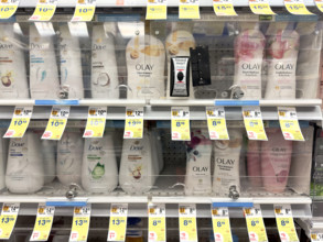 Display of body wash and skin lotion on sale, New York City