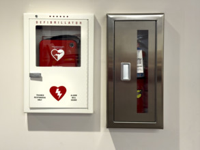 Wall-mounted defibrillator and fire extinguisher