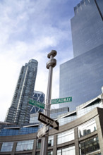 Low angle view of cityscape at Columbus Circle and Broadway, New York City