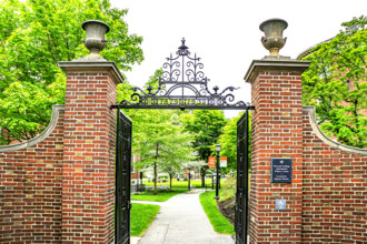 Gray Gate with directions to Harvard College Admissions Visitor Center through Radcliffe Yard, Harvard University, Garden Street, Cambridge
