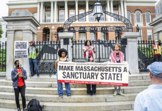 Immigrant rights supporters attending Anti- ICE protest, Boston State House, May 17, 2025,