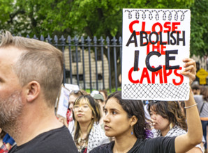 Immigrant rights supporters attending Anti- ICE protest, Boston State House, May 17, 2025,