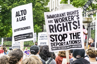 Immigrant rights supporters attending Anti- ICE protest, Boston State House, Boston, May 17, 2025,