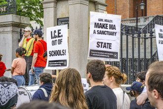 Immigrant rights supporters attending Anti- ICE protest, Boston State House, Boston, May 17, 2025,