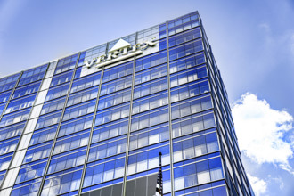 Vertex Pharmaceuticals corporate office building, low angle view, Boston