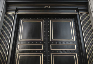 M&T Bank, main entrance detail, low angle view, Buffalo, New York, USA