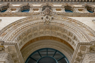 Market Arcade building, ornate exterior detail, low angle view, Buffalo, New York, USA