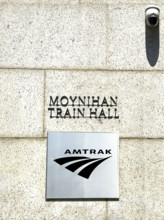 Moynihan Train Hall, James A. Farley Building, building exterior detail of Amtrak sign, Eight