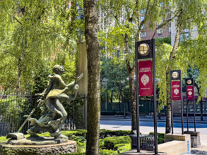 Fordham University, campus sculpture and street scene, Lincoln Center Campus, Manhattan, New York