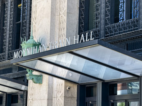 Moynihan Train Hall, James A. Farley Building, building exterior detail, Eight Avenue, Manhattan,
