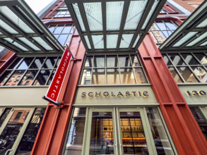Scholastic, building exterior, low angle view, 557 Broadway, Soho, Manhattan, New York City, New