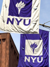 Two NYU banners, New York University, Greenwich Village, Manhattan, New York City, New York, USA