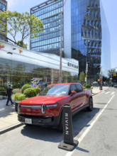 Rivian electric truck and showroom exterior, 461 West 14th Street, Meatpacking District, Manhattan,